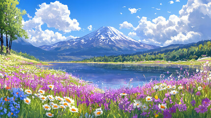 Mountain Lake with Wildflowers and Blue Sky