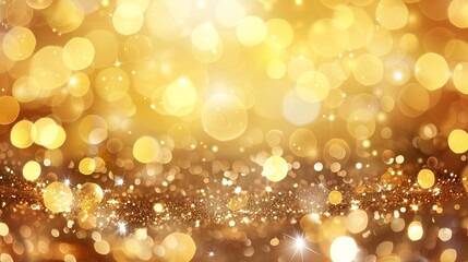 Wall Mural - Golden bokeh lights abstract background with soft blurred glow for elegant and festive designs, perfect for celebratory event visuals, holiday themes, and luxurious digital backdrops.