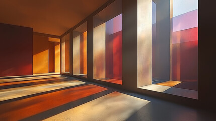 Poster - Sunlight streams through large windows in a modern room, casting warm, colorful shadows.