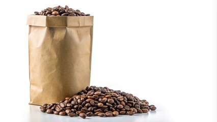 Wall Mural - Clean coffee pouch with fresh beans on white background.