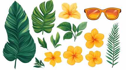 Wall Mural - Tropical Leaves and Flowers Illustration Set Summer Design Elements