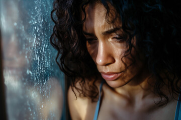 Portrait of beautiful woman crying and standing by the window