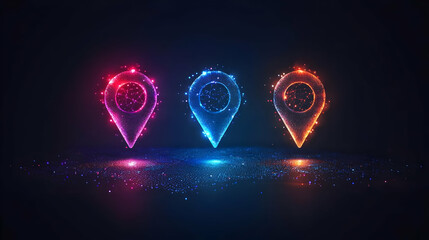 Three glowing neon location pin icons stand on a digital surface with a neon dot texture, against a dark blue background