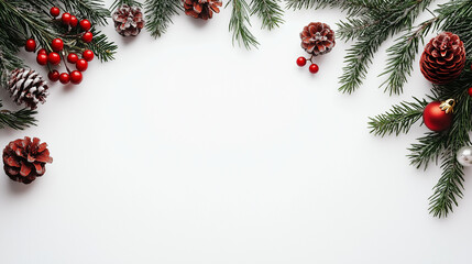 Wall Mural - christmas background with fir branches , cones balls on white background