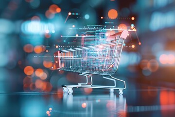 Poster - Smart shopping cart, AI-assisted purchases, 3D illustration, modern retail concept, copy space,