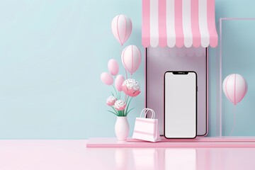 Poster - Mobile shopping, app-based retail experience, 3D illustration, convenient shopping concept, copy space,