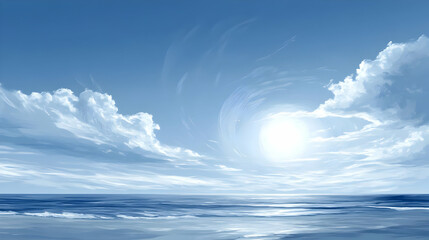 Wall Mural - Blue Sky Ocean Horizon with White Clouds and Sun