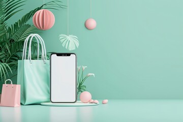 Poster - mobile shopping, app-based retail experience, 3d illustration, convenient shopping concept, copy spa