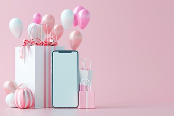 Poster - Mobile shopping, app-based retail experience, 3D illustration, convenient shopping concept, copy space,