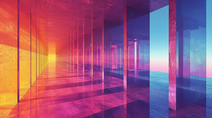 Wall Mural - Abstract colorful glass hallway with a pink sky