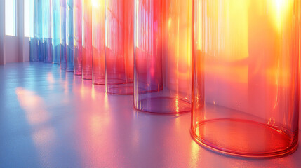 A row of colorful glass cylinders cast warm light on a white floor.