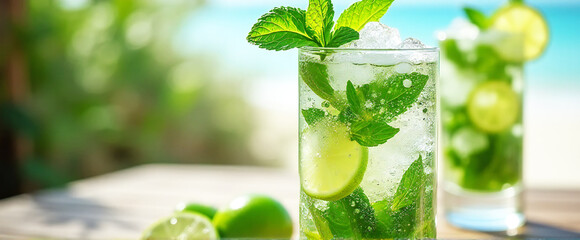 Refreshing mojito drinking scene at a table along the beach in summer