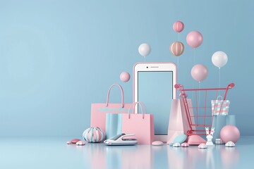Poster - E-commerce innovation, seamless online shopping, 3D illustration, digital retail concept, copy space,