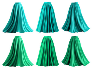 2 Set of turquoise blue green maxi long pleated flowy flare skirt, front back side twirl view on transparent cutout, PNG file. Many different angle. Mockup template for artwork graphic design