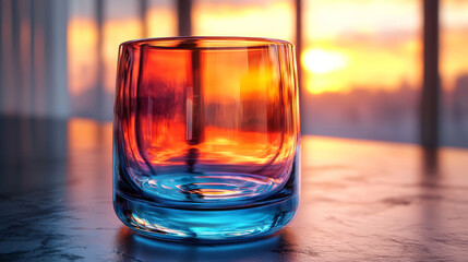 Empty glass with sunset reflection