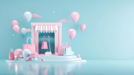 Poster - Digital storefront innovation, immersive shopping experience, 3D illustration, virtual retail concept, copy space,