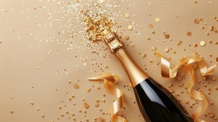 Wall Mural - champagne bottle with golden ribbons and confetti on beige background