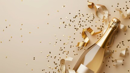 Wall Mural - champagne bottle with golden ribbons and confetti on beige background