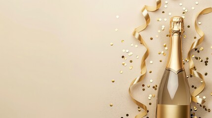 Wall Mural - champagne bottle with golden ribbons and confetti on beige background