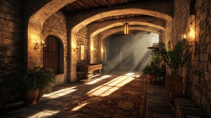 Poster - A serene hallway with stone walls, wooden doors, and soft light illuminating the space.