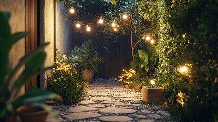 Wall Mural - A serene garden pathway illuminated by string lights, surrounded by lush greenery.