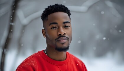 Canvas Print - Stylish black male model in red mockup sweatshirt posing against a serene winter landscape with snow-covered scenery