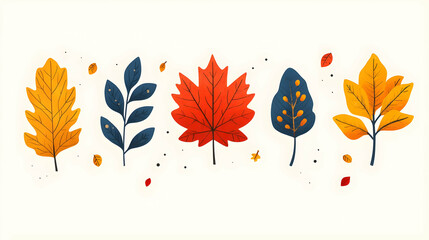 Wall Mural - Autumn Leaves Collection Fall Foliage Red Yellow Blue Orange Illustration Watercolor Design Art Graphic