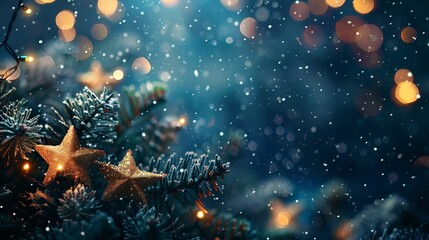 Wall Mural - festive christmas garland with glowing bokeh lights on a dark blue background, creating a magical ho