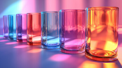 A row of colorful glasses catch the light, creating a vibrant display.