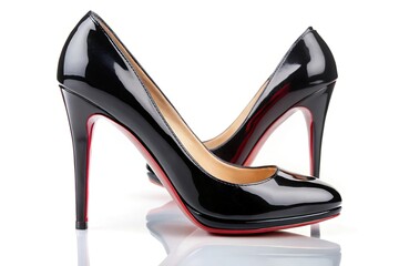 Close-Up black high heels red soles white background reflection