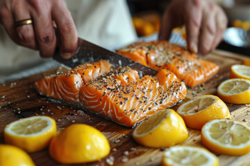 Wall Mural - Chef preparing fresh salmon fillets seasoned with herbs and lemon on a wooden cutting board in a warm kitchen setting