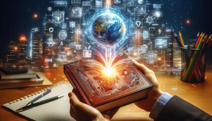 a man holds a book in his hands, from which a bright beam of light comes out, which forms a holographic display with various futuristic icons and symbols around the image of the Earth