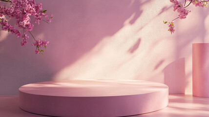 Poster - A serene minimalist setting with soft pink tones and cherry blossom accents for a peaceful ambiance