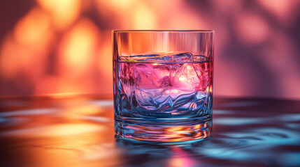 Wall Mural - A glass of water with ice cubes, illuminated by warm and cool lights.