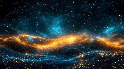 Wall Mural - Abstract 3D Render of a Dark, Starry Sky with Glowing Orange and Blue Waves