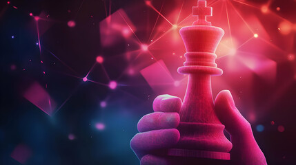 A Wireframe King Chess Piece Held In A Hand Against A Dark Abstract Background With Glowing Red Lights