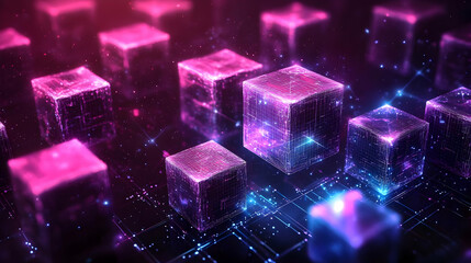 Glowing Wireframe Cubes Abstract Background With Neon Lights And Glittering Particles