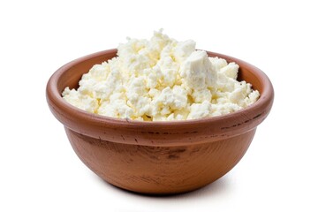 A bowl of cottage cheese on a white background