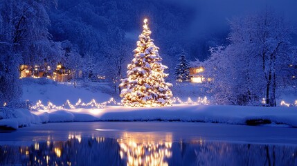 Wall Mural - snowy shining Christmas tree on the shore of a lake with snow-covered trees