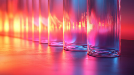 Poster - A row of glass cylinders illuminate with vibrant pink and blue neon light.