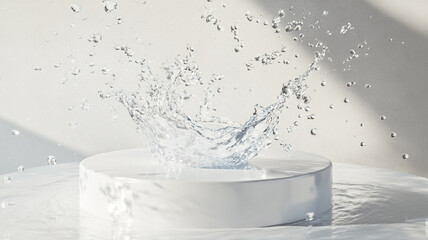 Poster - A circular platform with water creates a splash, sending droplets into the air