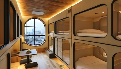 Cozy and modern capsule hotel interior showcasing minimalist design and innovative sleeping spaces in Japan