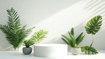 Poster - Minimalist illustration of potted plants arranged around a white circular pedestal in bright light