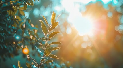 Wall Mural - vintage cyan blue-green blurred sky background with glowing sunlight flare and natural bokeh effects