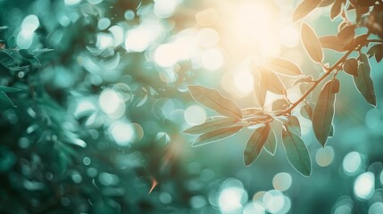 Wall Mural - vintage cyan blue-green blurred sky background with glowing sunlight flare and natural bokeh effects