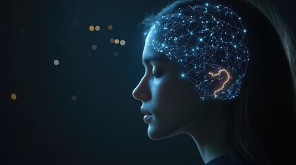 Wall Mural - A woman with her eyes closed, her profile lit by blue and gold light. A glowing digital representation of the brain, with emphasis on the auditory cortex, is superimposed over her head.