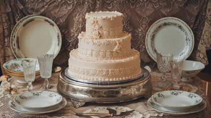 Vintage wedding cake table set with three-tiered cake decorated in a retro style