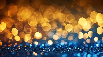 Wall Mural - defocused vintage gold lights and blue glitter bokeh background for festive designs