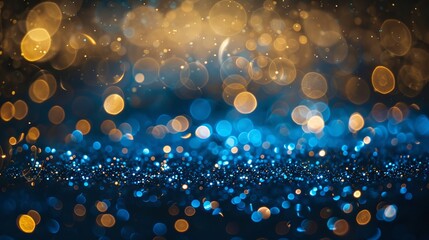 Wall Mural - defocused vintage gold lights and blue glitter bokeh background for festive designs