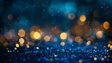 Wall Mural - defocused vintage gold lights and blue glitter bokeh background for festive designs